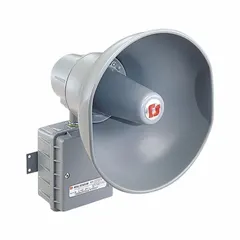 Indoor/outdoor siren alarm for audible signaling in industrial and commercial facilities. Operates on 24V DC with a gray enclosure. Suitable for use in safety alert systems, plant evacuation signals, and general warning applications.