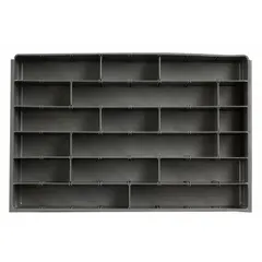 This gray insert for Large Compartmented Boxes measures 18 in x 12 in x 3 in and provides six compartments, each 17-1/2 in x 1-7/8 in. It includes 12 side-to-side removable dividers for flexible organization. Compatible with DURHAM MFG model 123-95, it is used to separate and store small parts, fasteners, and tools in industrial storage systems.