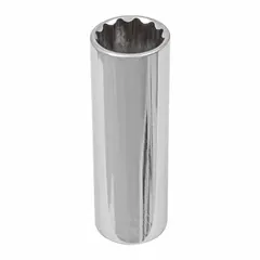 This 1/2" drive hand socket features a 1-3/16" SAE size with a 12-point deep design. Constructed from chrome, it is suited for tightening or loosening fasteners in recessed or high-torque applications, such as automotive repair and machinery maintenance.