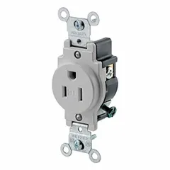 This LEVITON single receptacle is rated 125V AC and 15A with a NEMA 5-15 configuration, 2 pole/3 wire design in a gray finish. It is used for general-purpose power connections in commercial and industrial settings, accepting standard 5-15 plugs for branch circuit wiring.