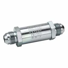 Steel high-flow check valve with JIC 37° Flare connections. Rated for 3000 psi and 100 gpm with a 1 5/16 in port size. Allows flow in one direction while preventing backflow in hydraulic systems.
