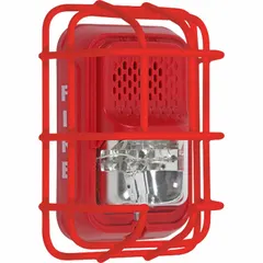 Steel wire cage guard for indoor wall-mount L Series horns/strobes. Red finish, flush mount, includes mounting hardware. Overall depth 2 1/2 in, length 6 3/16 in. Protects against vandalism and accidental damage.