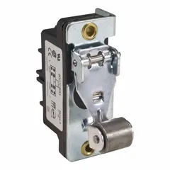 Snap-action switch with roller lever actuator, rated 1.5 A at 240 V AC. Screw-type electrical connection. Used for position sensing and limit control in industrial automation and machinery.