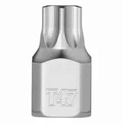 Torx bit socket with a T47 tip size and 1/4 in drive. Fixed insert design for secure bit retention. Overall length of 51/64 in. Used for driving T47 Torx fasteners in assembly, repair, and maintenance tasks.