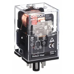 Plug-in relay with octal base and 8 round pins. DPDT contact configuration rated 10 A at 250V AC resistive load. Coil voltage 120V AC. Suitable for switching loads in industrial control panels, automation systems, and machinery.