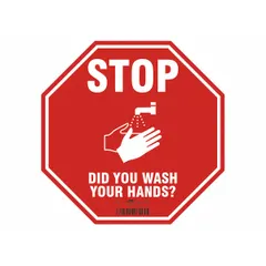 This 12 in x 12 in red plastic floor sign is designed for adhesive surface mounting. It features a 0.004 in thickness and is non-retroreflective. Commonly used in industrial, food processing, and healthcare settings to promote hand hygiene compliance.