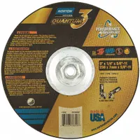 Ceramic grinding wheel with 20 grit for heavy stock removal on ferrous metals. Type 27 depressed center design with 9" diameter, 1/4" thickness, and 5/8"-11 arbor. Quantum 3 SG grain provides cool cutting action, reducing burn and extending wheel life in foundry applications