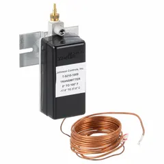 This direct-acting pneumatic temperature transmitter is designed for duct mounting and features a remote bulb element. It senses duct air temperature and transmits a proportional pneumatic signal to controllers or actuators. The unit operates over a 0°F to 100°F range with a 20 psi to 25 psi supply pressure and has a 1/8-inch barb air connection.