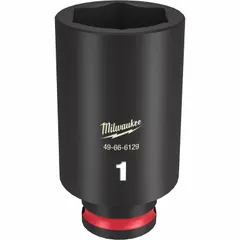 This 3/8" drive impact socket has a 1 in SAE size with a 6-point deep design. It is intended for use with impact wrenches to fasten or loosen hex fasteners. The black phosphate finish provides corrosion resistance.