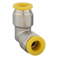 Nickel-plated brass push-to-connect elbow fitting for connecting two 10 mm OD tubes. Suitable for pneumatic and fluid systems, providing tool-free installation and leak-free joints. Commonly used in industrial automation, packaging, and material handling applications