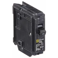 Single-pole, 20 A miniature circuit breaker for plug-in installation in Homeline load centers. Provides overcurrent and short-circuit protection for branch circuits in residential and light commercial electrical systems. Rated 120V AC with a maximum interrupting rating of 10 kA.