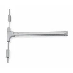 Aluminum surface vertical rod exit device with touchbar for doors up to 36 inches wide. Provides code-compliant egress in commercial buildings, schools, and healthcare facilities. Does not include cylinder and is not ligature-resistant.