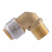 Brass push-to-connect elbow adapter for joining 1/2 in OD and 5/8 in OD tubing. Enables tool-free connections in plumbing systems for water supply, hydronic heating, and fluid handling applications