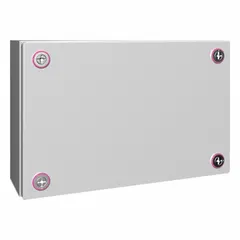 Steel enclosure with light gray finish, measuring 7 x 11 x 5 inches. Features a solid cover with mini cam lock. Rated NEMA 4 for protection against windblown dust, rain, splashing water, and hose-directed water. Suitable for housing electrical or electronic equipment in indoor or outdoor environments.