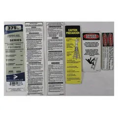 Replacement label kit for Louisville Ladder models FS1110HD and FS1112HD. Includes safety and identification labels to replace worn or missing originals. Designed for use in material handling applications where clear warnings and compliance are required.