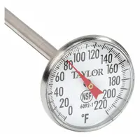 This NSF-rated dial pocket thermometer measures temperatures from 0°F to 220°F with +/- 2% accuracy. It features a 5-inch stem length and a Fahrenheit scale. Designed for portable use, it is suitable for quick temperature checks in food service and commercial kitchen environments
