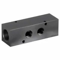 This rectangular aluminum block manifold features NPT x NPT connections with a 3/4 in NPT main port and a 3/8 in NPT branch port. It is used to distribute compressed air or hydraulic fluids from a single supply line to a secondary branch in pneumatic and fluid-handling systems