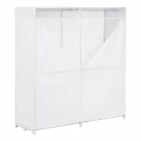 This white plastic wardrobe features a single hanging rod and four casters for mobility. With overall dimensions of 60 inches in height and 64 inches in width, it provides a portable storage solution for hanging garments in dorm rooms, temporary housing, or supplemental closet space