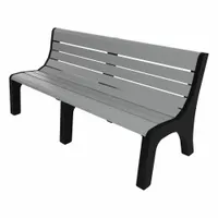 Vandal-resistant resinwood bench with gray plank surface seat and black frame. Overall length 72 inches, overall height 33 3/8 inches. Suitable for public outdoor areas such as parks, campuses, and transit stops
