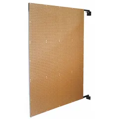 This swing panel is constructed of steel and HDF with a powder-coated brown finish. It features 1/4 in round peg holes and includes wall brackets for mounting. The swing design allows access to both sides, suitable for organizing tools and equipment in workshops and storage areas.