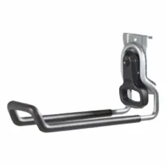 This steel ladder hook is designed for use with wall-mount track systems to organize and store ladders or other long items. It measures 5 in x 12.3 in x 2.8 in, supports up to 50 lb, and comes in a satin nickel finish. Mounting hardware is included.