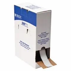 This precut label roll measures 2 inches by 1 inch and is made of polyester with a permanent adhesive. The matte gray finish provides a professional appearance. It is compatible with the M611 printer series for on-demand printing. Typical applications include asset identification, cable marking, and general facility labeling.