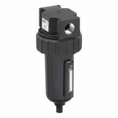 Parker 07F38BC is a 5-micron particulate filter with 1/2 in NPT connections, rated for 130 cfm flow and 250 psi maximum operating pressure. It removes solid contaminants from compressed air systems to protect downstream pneumatic equipment such as valves, cylinders, and tools.