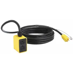 Pendant drop outlet box with four outlets, rated 20 A at 125V AC. Includes a 50 ft 12/3 cable and NEMA 5-20P plug. Temperature range -40° to 194°F. Used for temporary overhead power distribution in industrial and commercial settings.