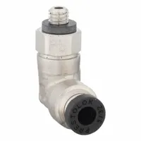 Nickel-plated brass push-to-connect elbow fitting for 5/32 in OD tubing with a #10-32 UNF male thread. Suitable for pneumatic and fluid systems requiring leak-free connections in confined spaces