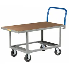 This work-height platform truck features a wooden deck measuring 48 inches long by 24 inches wide with a 26-inch deck height, allowing ergonomic loading and unloading. It has a 2,000 lb capacity and is equipped with two rigid casters of 6-inch diameter. No side panels are included. Typical applications include moving heavy loads in industrial, warehouse, and maintenance settings.