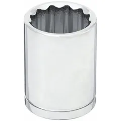 Chrome socket with 1/2" drive and 13/16" SAE hex size. 12-point standard configuration for use with 1/2" drive tools. Suitable for tightening or loosening fasteners in automotive, machinery, and general assembly applications.