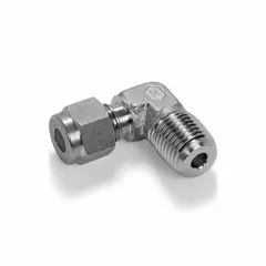 This nickel-copper alloy compression tube fitting is configured as a 3/8 in tube to 1/4 in male NPT elbow. Rated for temperatures from -320°F to 500°F and a maximum operating pressure of 3,000 psi, it is used in industrial systems requiring corrosion resistance and cryogenic capability.