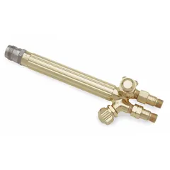 This Harris-style torch handle features a 9/16"-18 inlet connection and is designed for use in oxy-fuel welding, cutting, and brazing applications. It provides a secure grip and gas flow control for industrial maintenance, fabrication, and repair tasks.