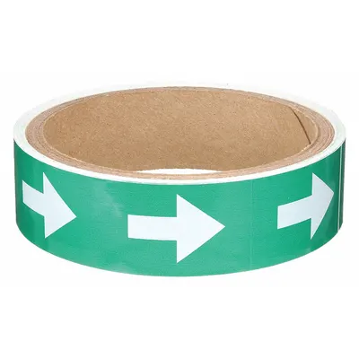 BRADY Pipe Marker: Green, White, 8 in Wd, Vinyl, 8 in Roll Wd - Pipe Marker Directional Flow Arrows