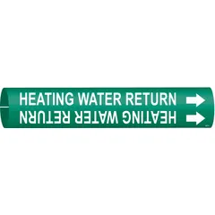 Green pipe marker with white legend text reading 'Heating Water Return' and directional arrows. Fits pipe outer diameters from 2-1/2 to 3-7/8 inches. Used to identify heating water return lines in industrial piping systems for compliance with labeling standards.