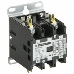 This SQUARE D definite purpose contactor is a 2-pole, non-reversing device with a 2NO main pole contact form. It is rated for 30 A and features a 110/120V AC coil with a maximum voltage rating of 600V AC. The contactor uses quick-disconnect terminals and is designed for single-phase HVACR applications such as controlling compressors and fan motors in air conditioning, refrigeration, and heating systems.