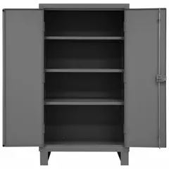 Welded steel cabinet with gray powder-coated finish. Includes three adjustable shelves, swing handle, and padlock hasp. Panel thickness 12 ga. Stationary design with legs. Suitable for organized storage of tools, parts, and equipment in industrial environments.