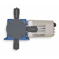 This motor-driven diaphragm metering pump operates on 115V AC with a 1/60 hp motor. It features a PVC head, ABS/acrylic construction, and ceramic ball check valves. The pump is suited for precise chemical injection in water treatment and industrial processing applications where accurate dosing of aggressive fluids is required.