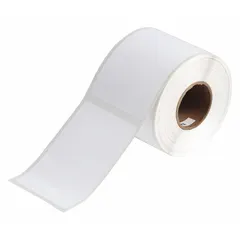 Acrylic label roll with permanent adhesive, inkjet print-receptive, containing 270 precut labels measuring 4 21/64 in x 2 61/64 in. Compatible with BradyJET J2000 printer series. Used for industrial identification and asset tagging.