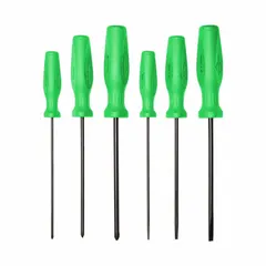 General-purpose screwdriver set containing six pieces with Phillips and slotted tips. Each screwdriver has an overall length of 16 inches. Supplied in a box for organized storage. Suitable for fastening and loosening screws in maintenance, assembly, and repair tasks.