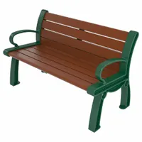 This outdoor bench from the Heritage series features vandal-resistant resinwood construction. It has a 48-inch overall length and 30-inch overall height, with a brown seat and green frame. Suitable for parks, campuses, transit stops, and other public or commercial outdoor spaces requiring durable seating
