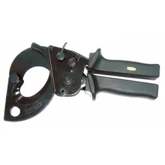 This ratcheting cable cutter features a steel handle and shear cutting action. It is designed for cutting aluminum electric cable up to 1,000 kcmil maximum diameter. The ratcheting mechanism provides mechanical advantage for clean cuts on large conductors. Suitable for heavy-duty cable preparation in electrical and utility applications.