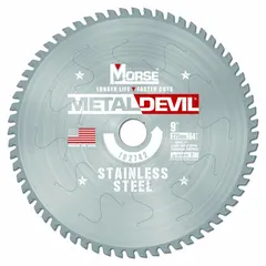 Carbide circular saw blade designed for cutting stainless steel. Features 64 teeth for smooth cuts, 0.06 in kerf, and 1 in arbor. Suitable for metal fabrication and construction tasks requiring corrosion-resistant materials.