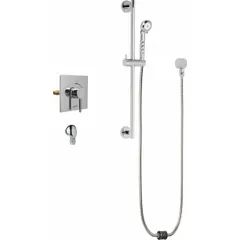 This shower faucet includes a hand-held showerhead with a flow rate of 2.5 gpm. The showerhead is made of plastic, and the faucet features a single handle for control. It is suitable for use in residential or commercial bathing applications.