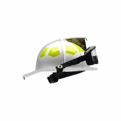 This BULLARD fire helmet features a white fiberglass shell for impact and heat resistance. It includes a chin strap and a 6 Point Sure Lock® Ratchet Headband with Brow Pad suspension for secure fit. Designed for structural firefighting and rescue operations.