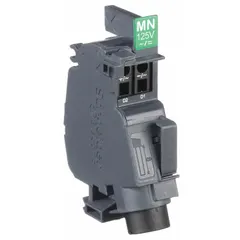 Undervoltage release accessory for PowerPact B circuit breakers. Trips the breaker when voltage drops below a set threshold. Rated 110 to 130V AC or 125V DC. Used in electrical distribution systems to protect equipment from undervoltage conditions.