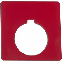 Square non-metallic plastic push-button ring and plate with 30 mm panel mounting size. Overall height and width 2 1/4 in. Black finish with red notch marking. Used in industrial control stations for push-button identification.