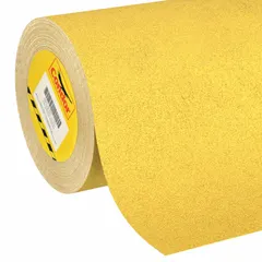 This heavy traffic antislip tape is a solid yellow continuous roll measuring 24 inches by 60 feet with a 32 mil thickness. It features a very coarse 46 grit surface and an aggressive acrylic adhesive that is oil-resistant, suitable for indoor and outdoor use in chemical environments. The tape meets NFSI specifications for slip resistance and is commonly applied to floors, ramps, and walkways to improve traction.