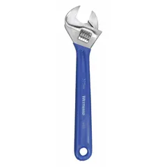 This adjustable wrench features a chrome finish and is constructed from alloy steel. With a 15-inch overall length and a jaw capacity of 1 11/16 inches, it is suited for tightening or loosening nuts, bolts, and fittings in general maintenance, plumbing, and mechanical tasks.