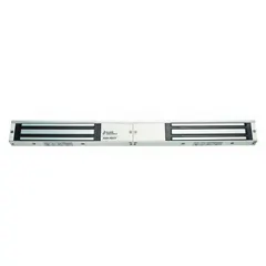 This double-door magnetic lock from ALARM CONTROLS Series 600 is constructed with an aluminum body and features an instantaneous release delay. It is designed for use in access control systems on paired doors, providing secure holding in commercial and industrial facilities. Dimensions: 19 3/4 in length, 1 in width, 1 7/8 in height.